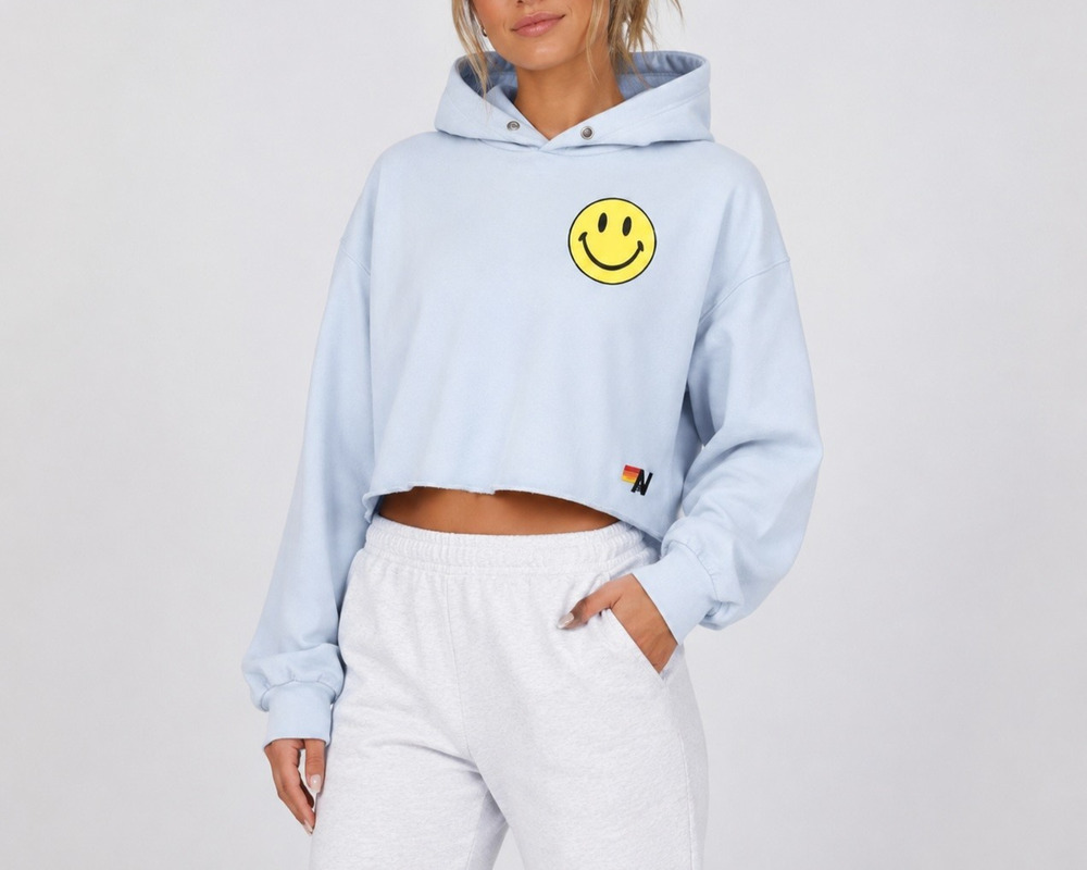Aviator Nation Smiley Logo Cropped Pullover Hoodie Sweatshirt Blue Women’s XS